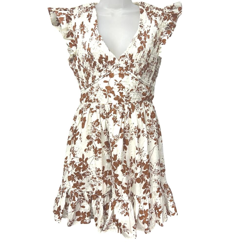 Greylin Andy  Mini Ruffled Dress Size Small Cream Rust Floral Print Smocked